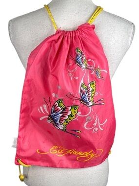 Ed Hardy Y2K Nylon Fuchsia Butterfly Drawstring Casual Backpack